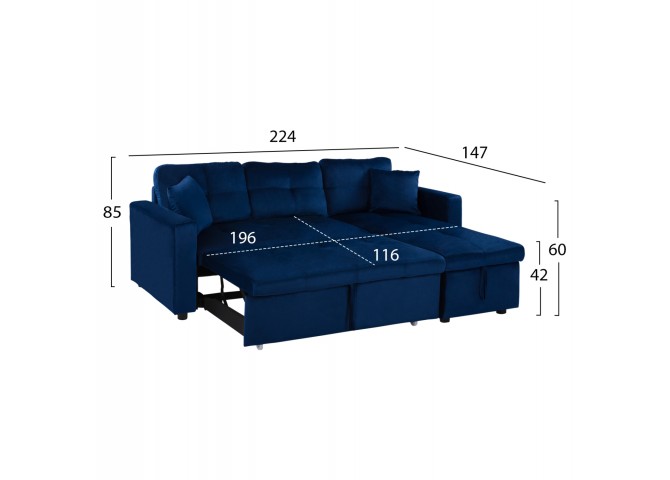 ΚΑΝΑΠΕΣ ΓΩΝΙΑ ΚΡΕΒΑΤΙ 224x147x85Υεκ. ΒΕΛΟΥΔΟ ΜΠΛΕ