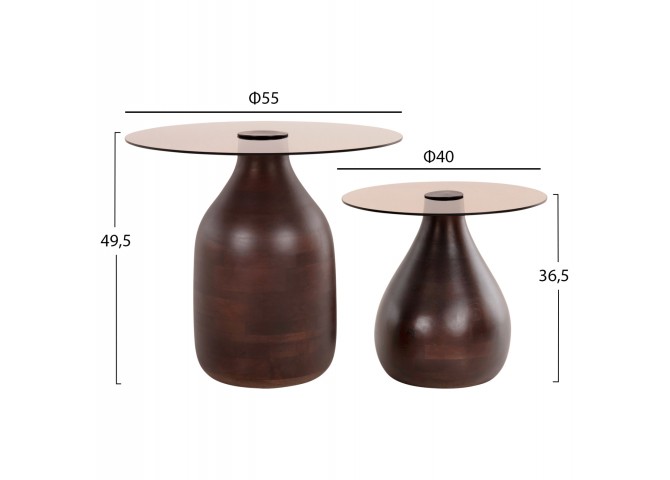 ΒΟΗΘΗΤΙΚΑ ΤΡΑΠΕΖΑΚΙΑ 2ΤΜΧ CHANG HM9668 ΞΥΛΟ MANGO-ΓΥΑΛΙ TOP Φ55x49,5Υ & Φ40x36,5Υεκ.