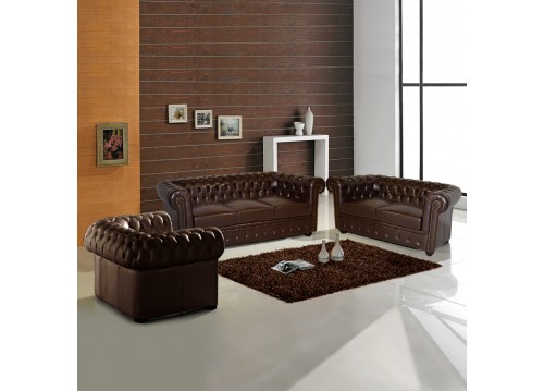 ΣΕΤ ΣΑΛΟΝΙ 2ΘΕΣΙΟ & 3ΘΕΣΙΟ & ΠΟΛΥΘΡΟΝΑ CHESTERFIELD ΣΚΟΥΡΟ ΚΑΦΕ