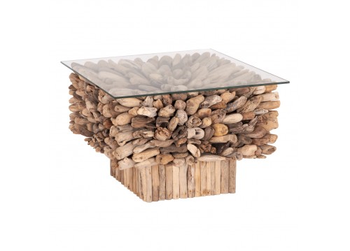 ΤΡΑΠΕΖΙ ΣΑΛΟΝΙΟΥ ΤΕΤΡΑΓΩΝΟ SPARROW HM9961 DRIFTWOOD--ΓΥΑΛΙ 75x75x51Υεκ.