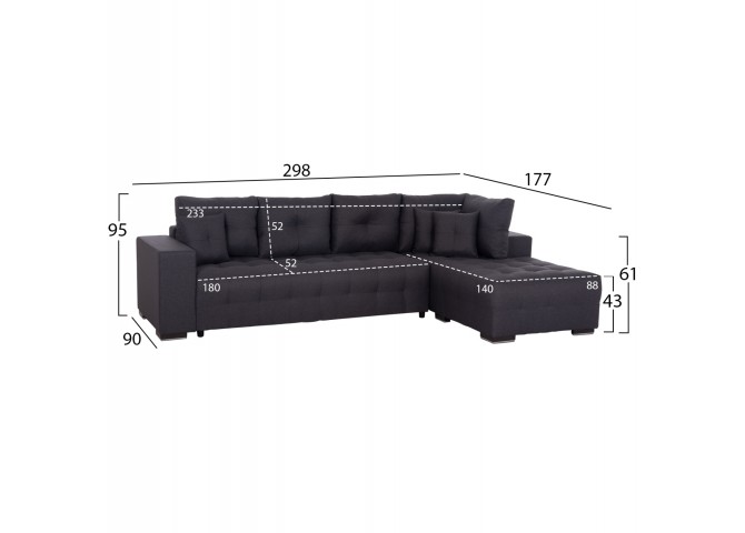 ΓΩΝΙΑΚΟΣ ΚΑΝΑΠΕΣ-ΚΡΕΒΑΤΙ ΜΕ ΑΠΟΘ.ΧΩΡΟ TRENDSTON HM3302.01R ΓΚΡΙ ΥΦΑΣΜΑ 298x177x95Υεκ
