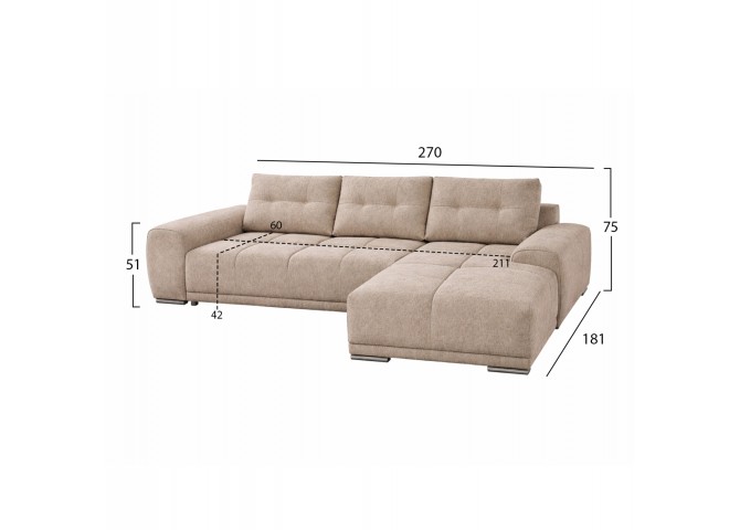 ΚΑΝΑΠΕΣ ΚΡΕΒΑΤΙ ΔΕΞΙΑ ΓΩΝΙΑ COMFYRA HM3336.03R ΜΠΕΖ ΥΦΑΣΜΑ 270x181x75Υεκ