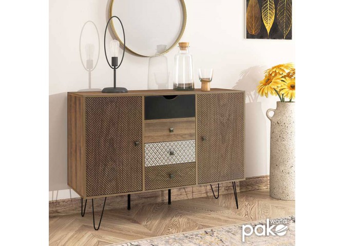 Μπουφές Boho pakoworld με τέσσερα συρτάρια καρυδί μεταλλικά πόδια 122x39,5x86εκ