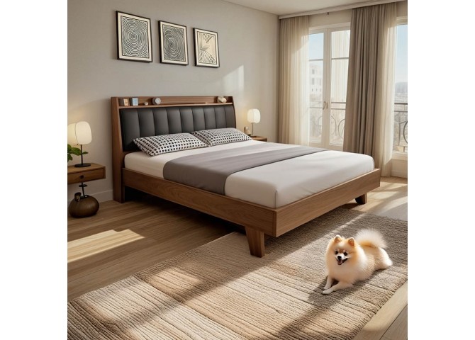 Κρεβάτι Frankly pakoworld mdf-pu σε καρυδί-μαύρο απόχρωση 150x200εκ
