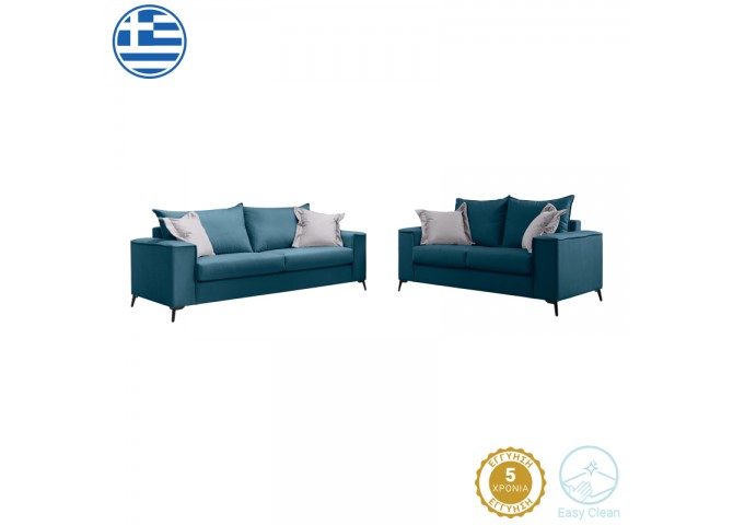 Σετ σαλονιού 2τεμ Verona pakoworld μπλε ύφασμα με μαξιλάρια σε απόχρωση ανοιχτό γκρι