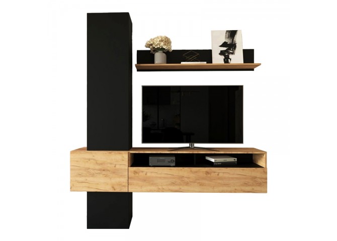 Σύνθετο σαλονιού Wendy pakoworld σε oak-μαύρη απόχρωση 195.1x37.3x219.1εκ