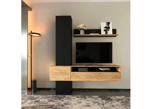 Σύνθετο σαλονιού Wendy pakoworld σε oak-μαύρη απόχρωση 195.1x37.3x219.1εκ