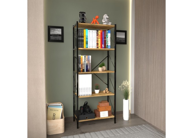 Βιβλιοθήκη Bimblem pakoworld oak με μαύρο μέταλλο 60x30x150εκ