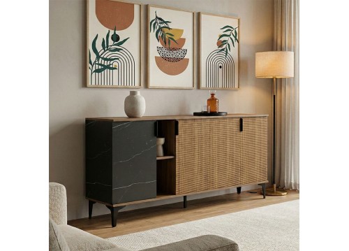 Μπουφές Riba pakoworld καρυδί-μαύρη όψη μαρμάρου 180x40x78εκ