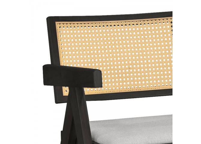 Πολυθρόνα Winslow pakoworld ξύλο rubberwood μαύρο-pvc rattan φυσικό-ύφασμα γκρι