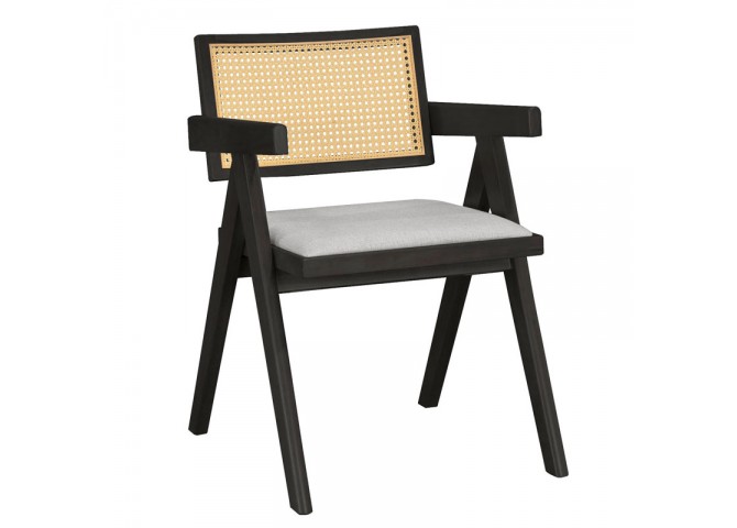 Πολυθρόνα Winslow pakoworld ξύλο rubberwood μαύρο-pvc rattan φυσικό-ύφασμα γκρι