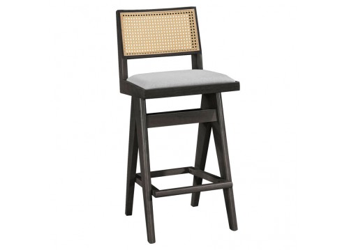 Σκαμπό bar Winslow pakoworld ξύλο rubberwood μαύρο-pvc rattan φυσικό-ύφασμα γκρι 44.5x46x98εκ