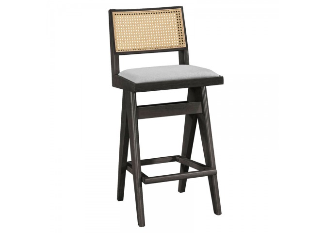 Σκαμπό bar Winslow pakoworld ξύλο rubberwood μαύρο-pvc rattan φυσικό-ύφασμα γκρι 44.5x46x98εκ