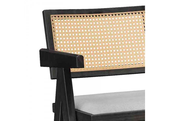 Σκαμπό bar Winslow pakoworld ξύλο rubberwood μαύρο-pvc rattan φυσικό-ύφασμα γκρι