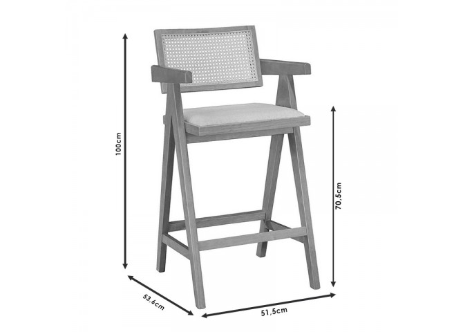 Σκαμπό bar Winslow pakoworld ξύλο rubberwood μαύρο-pvc rattan φυσικό-ύφασμα γκρι