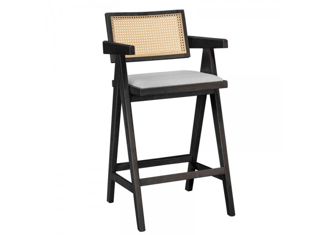 Σκαμπό bar Winslow pakoworld ξύλο rubberwood μαύρο-pvc rattan φυσικό-ύφασμα γκρι