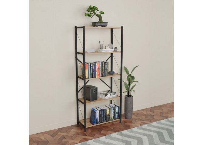 Βιβλιοθήκη Draizy pakoworld oak μελαμίνης-μαύρο μέταλλο 63x30x150εκ