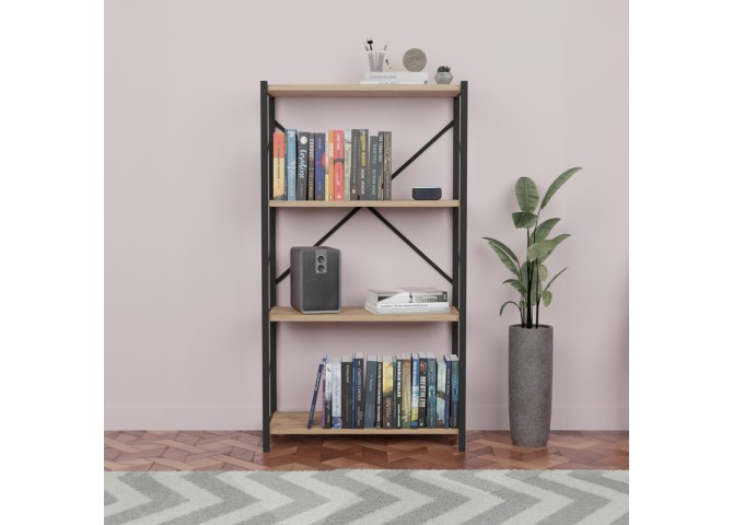 Βιβλιοθήκη Jackrey pakoworld oak μελαμίνης-μαύρο μέταλλο 60x30x114εκ
