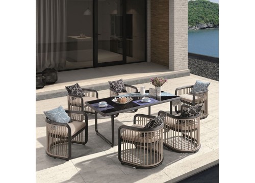 Dining Set (Τραπ.180x90cm+6 Πολ) Alu Ανθρακί/Μπεζ
