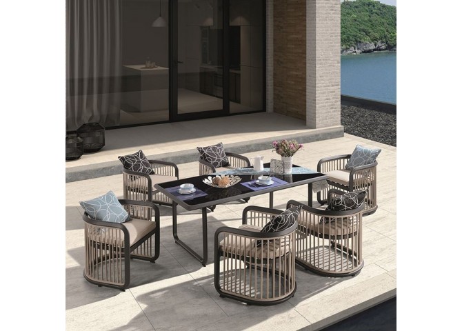 Dining Set (Τραπ.180x90cm+6 Πολ) Alu Ανθρακί/Μπεζ