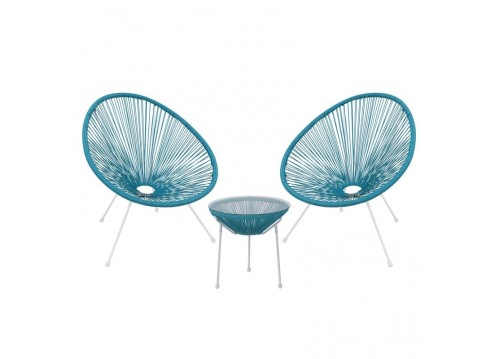 Set (Τραπ+2 Πολ) Μετ.Άσπρο, Plastic Rattan Μπλε Τρ.D50x50cm/Πολ.73x76x89cm