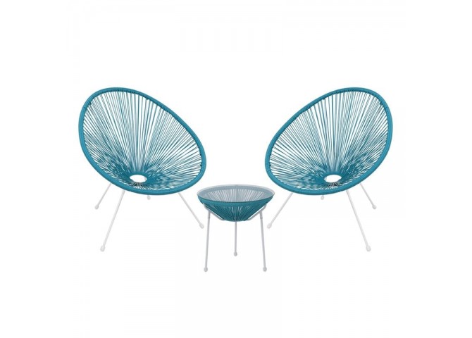 Set (Τραπ+2 Πολ) Μετ.Άσπρο, Plastic Rattan Μπλε Τρ.D50x50cm/Πολ.73x76x89cm