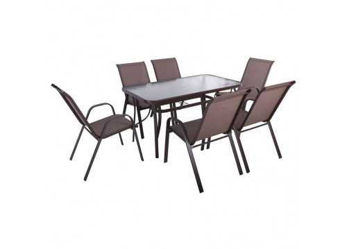 Set (Τραπ.140x80cm+6 Πολ) Μετ.Καφέ/Text.Καφέ Πολ:55x72x91cm