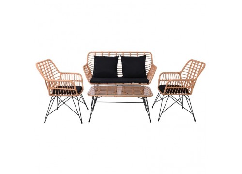 SALSA Set Σαλόνι Κήπου Μεταλ. Μαύρο, Wicker Φυσικό: Τραπέζι + Καναπέ 2Θέσιο + 2 Πολυθρόνες