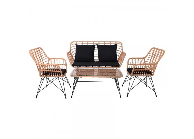 SALSA Set Σαλόνι Κήπου Μεταλ. Μαύρο, Wicker Φυσικό: Τραπέζι + Καναπέ 2Θέσιο + 2 Πολυθρόνες
