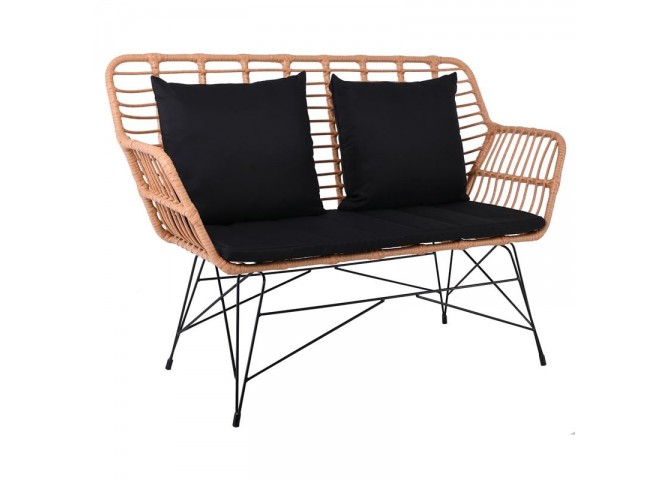 SALSA Καναπές Κήπου 2Θέσιος, Μέταλλο Βαφή Μαύρο, Wicker Φυσικό, Μαξιλάρι Μαύρο