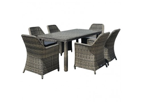 ESPERIA Set Τραπεζαρία Κήπου ALU,Wicker Grey Brown-Ανθρακί: Τραπέζι 180x90 + 6 Πολυθρόνες