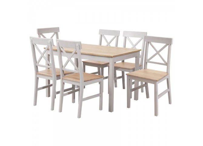 DAILY Set Τραπεζαρία Ξύλινη Σαλονιού - Κουζίνας: Τραπέζι + 6 Καρέκλες / Άσπρο - Φυσικό