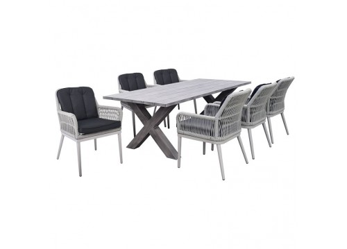 ALLEY Set Τραπεζαρία Κήπου ALU & Rope Grey-Μαξιλ.Ανθρακί: Τραπέζι 180x94 + 6 Πολυθρόνες