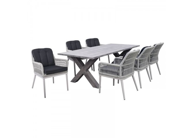 ALLEY Set Τραπεζαρία Κήπου ALU & Rope Grey-Μαξιλ.Ανθρακί: Τραπέζι 180x94 + 6 Πολυθρόνες