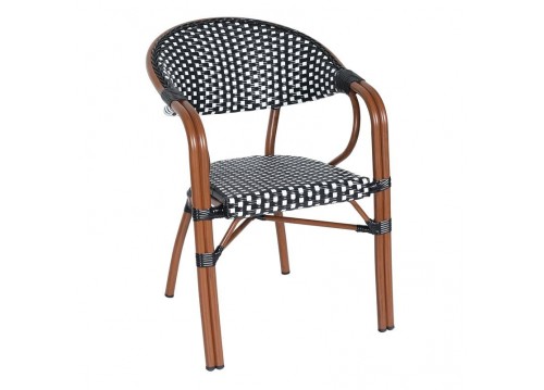 PARIS Πολυθρόνα Dining Αλουμίνιο Καρυδί, Wicker Άσπρο - Μαύρο, Στοιβαζόμενη