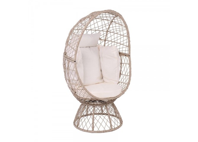 CROWN Πολυθρόνα Egg, Wicker Εκρού, Μαξιλάρι Άσπρο