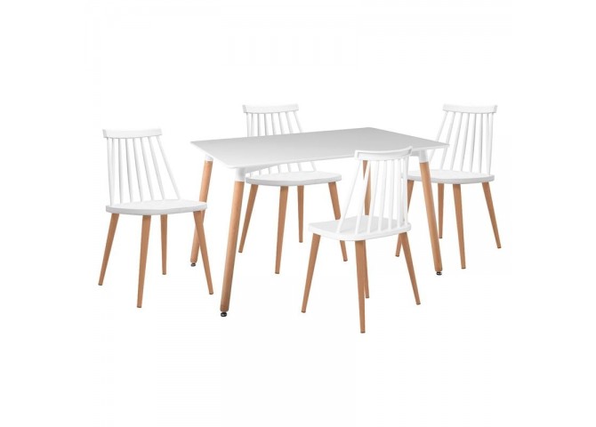 LAVIDA-ART Τραπεζαρία: Τραπέζι 120x80 Οξιά/MDF + 4 Καρέκλες Μέταλλο Βαφή Φυσικό PP Άσπρο