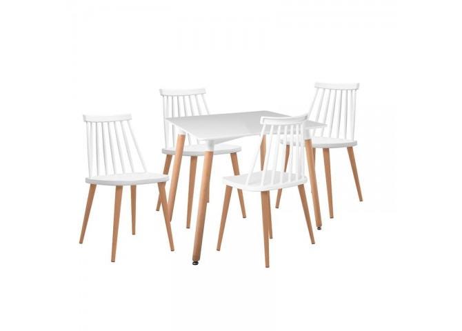 LAVIDA-ART Τραπεζαρία: Τραπέζι 80x80 Οξιά/MDF + 4 Καρέκλες Μέταλλο Βαφή Φυσικό PP Άσπρο