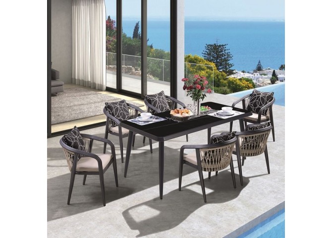 JARDIN Τραπεζαρία ALU Ανθρακί, HPL Μαύρο,Rope Μπεζ: Τραπέζι + 6 Πολυθρόνες με Μαξιλάρια
