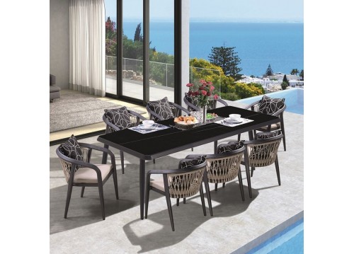 JARDIN Τραπεζαρία ALU Ανθρακί, HPL Μαύρο,Rope Μπεζ: Τραπέζι + 6 Πολυθρόνες με Μαξιλάρια