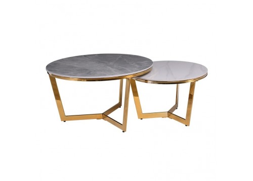 OTTO Set 2 Τραπεζάκια Σαλονιού , Χρώμιο Χρυσό, Sintered Stone Grey-White Marble