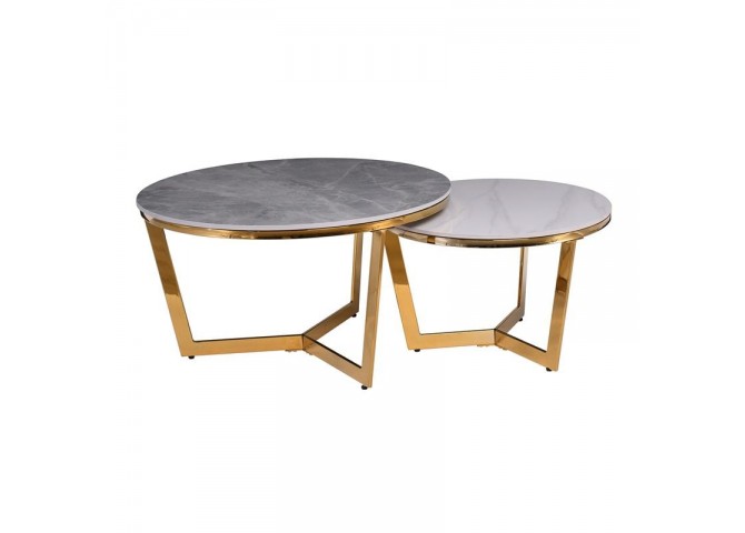OTTO Set 2 Τραπεζάκια Σαλονιού , Χρώμιο Χρυσό, Sintered Stone Grey-White Marble