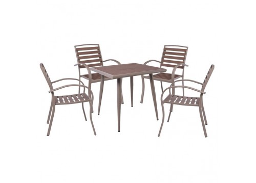 SERRANO Set Κήπου: Τραπέζι + 4 Πολυθρόνες, Μέταλλο Βαφή Sand Beige, Polywood Καρυδί