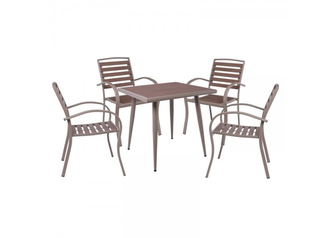 SERRANO Set Κήπου: Τραπέζι + 4 Πολυθρόνες, Μέταλλο Βαφή Sand Beige, Polywood Καρυδί