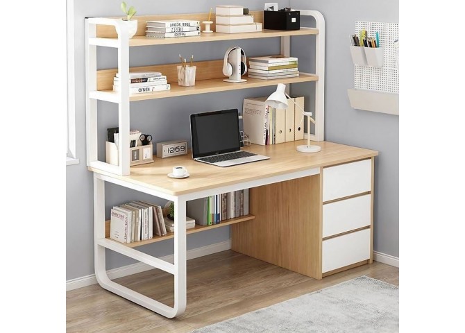 PC Metal Desk 3 Drawers/3 Shelves 120x50x74/147cm White/Natural