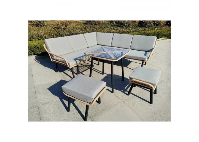 SALSA CORNER Set(Tab.70x70+Corner Sofa+2Stools)Metal/Wicker Natural/Cushion Grey