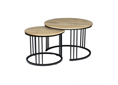 BOZZO Set-2 Coffee Tables D.50cm+D.70cm Metal Black/Mdf Sonoma