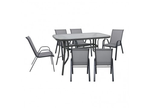 RIO Set (Table 160x90cm+6 Armchairs) Metal Dark Grey/Text.Grey