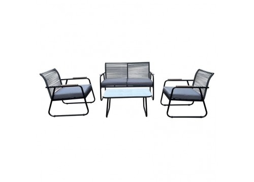 ROCCO Set (4pcs) Metal Black/Rope Wicker Grey/Cushions Dark Grey
