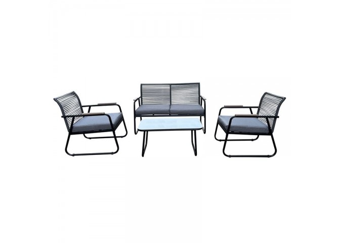 ROCCO Set (4pcs) Metal Black/Rope Wicker Grey/Cushions Dark Grey